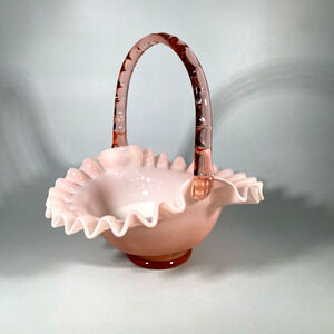 Beautiful Vintage Fenton Bridal Flower Girl Basket Peach Color Bamboo Handle